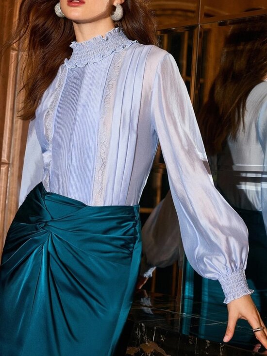 Tops - Periwinkle Blue Pintuck Lace Trim Blouse with Smocked Collar